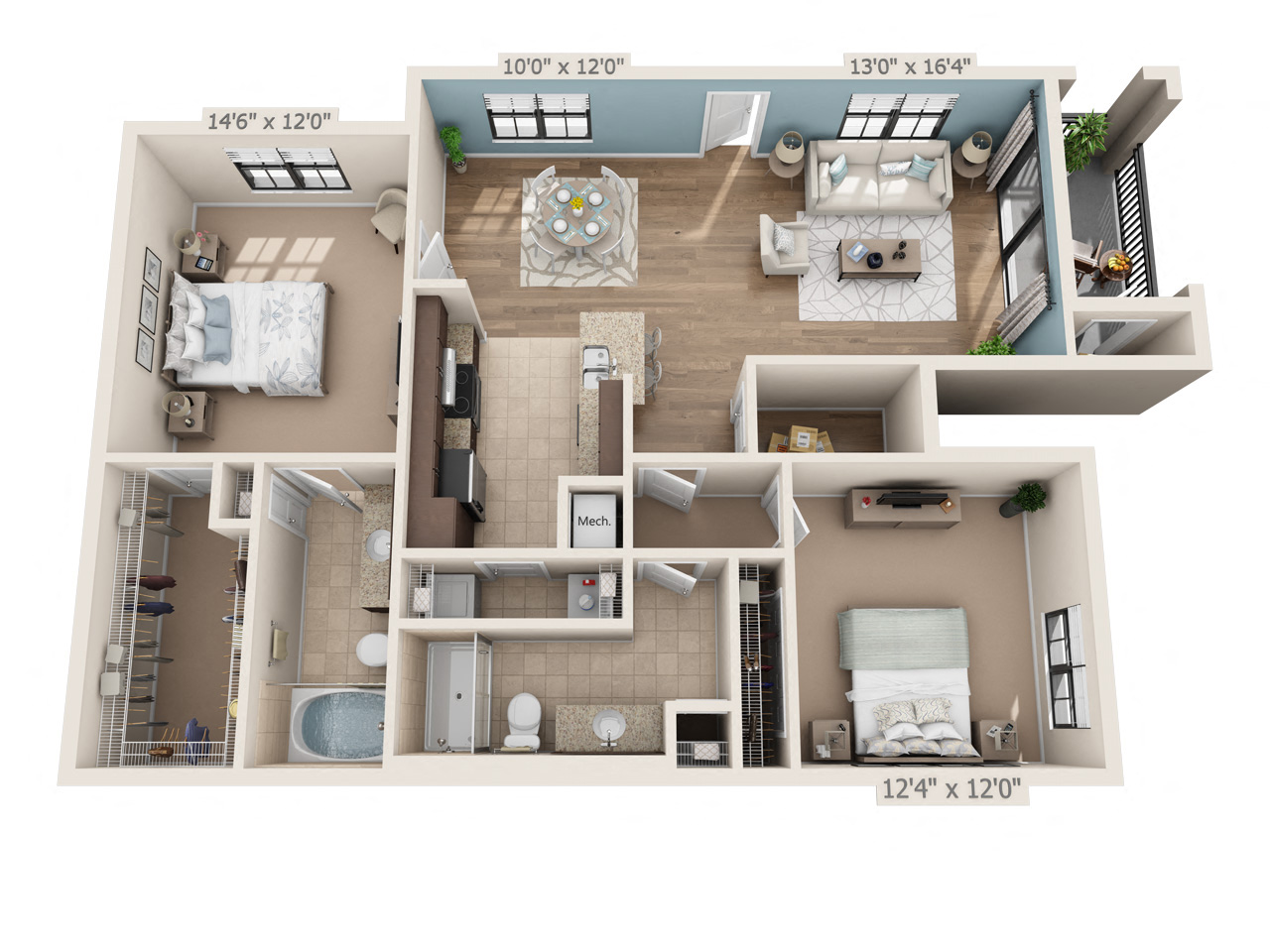 Floor plan for 2 beds, 2 baths, 1294 sqft